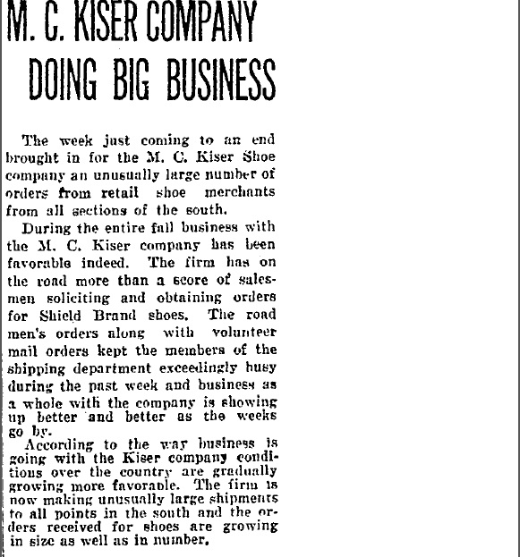 M.C. Kiser Co Doing Big Business Nov 1923