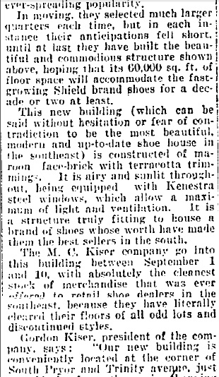 M.C. Kiser Co New Building 1923 article clip